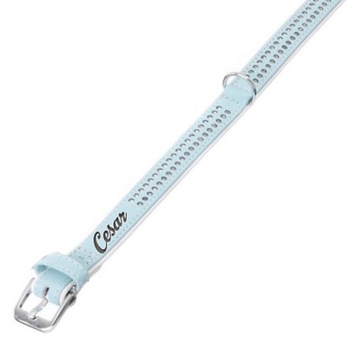 Collier pour chien en cuir bleu pastel avec strass luxueux personnalisé